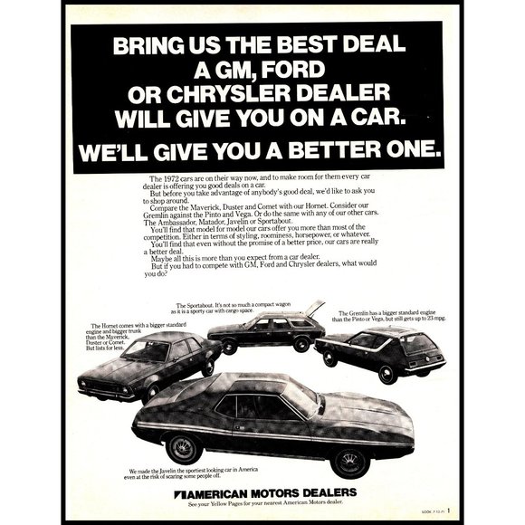 1972 AMC Car Lineup Vintage Print Ad Javelin Gremlin Hornet Sportabout Wall Art - Picture 1 of 1